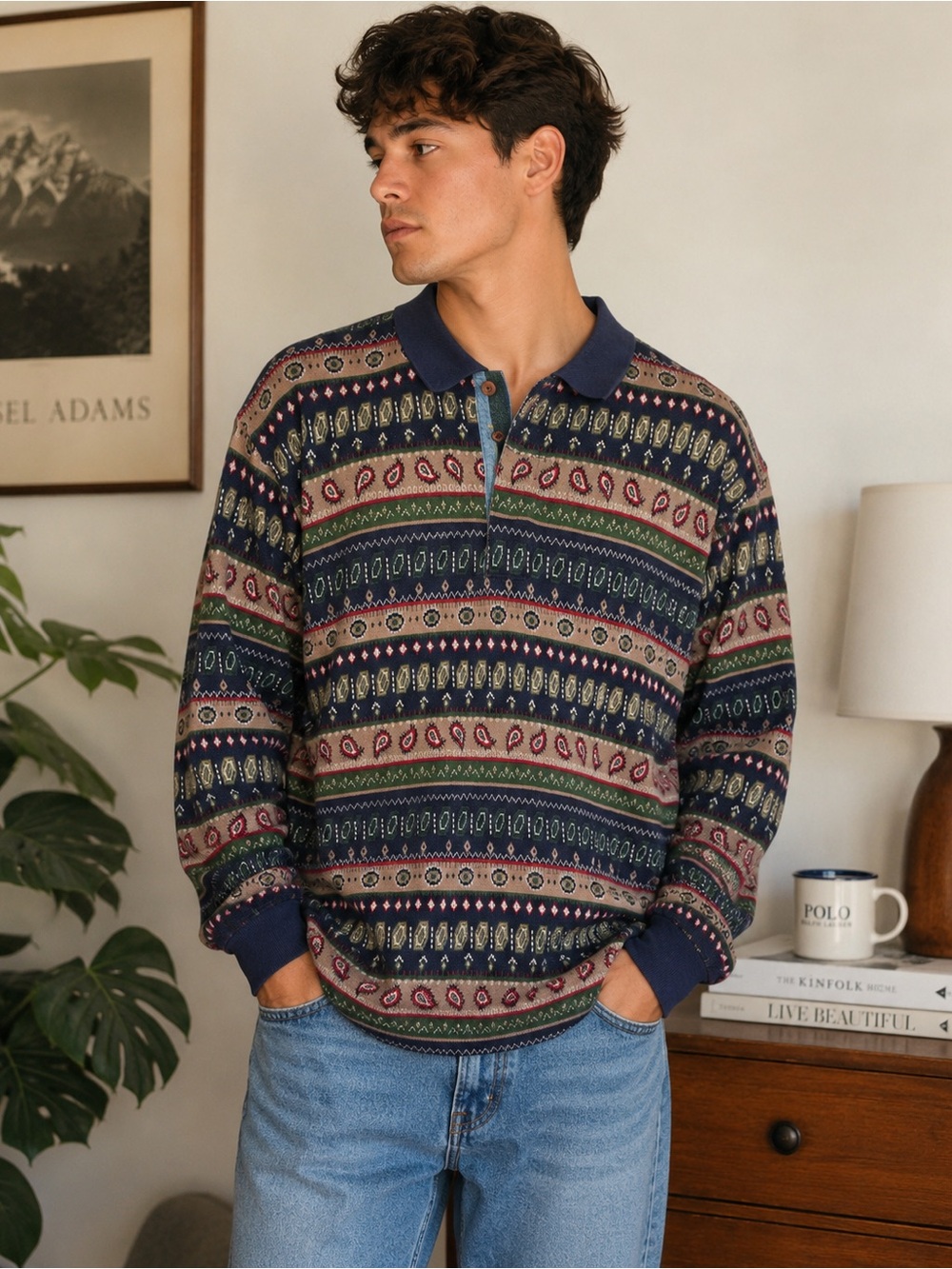 Chaps Ralph Lauren Vintage Fair Isle Paisley Knit Rugby Polo Shirt XL